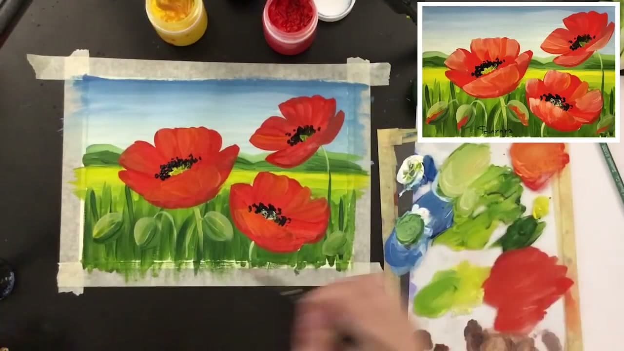 Step 7: Add the Black Centers - How to Paint Poppies in Acrylics (Step by Step)