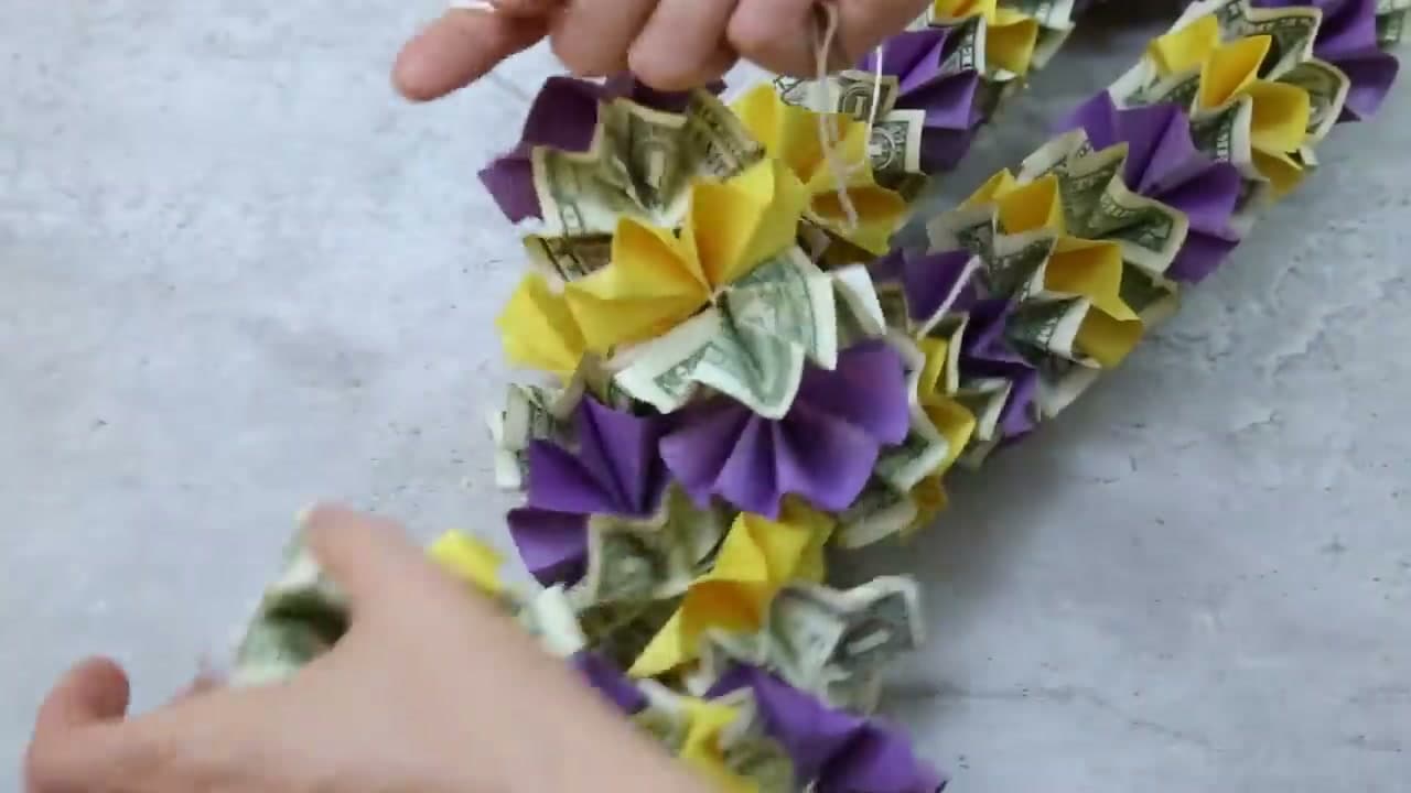 The finished result: How to Make a Money Lei: 2 Easy Methods for Graduation