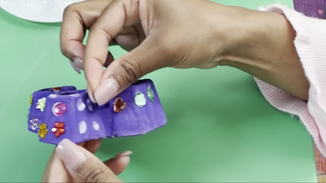 Step 5: Glue Rhinestones Onto the Egg Carton Wings - How to Make an Egg Carton Butterfly Suncatcher