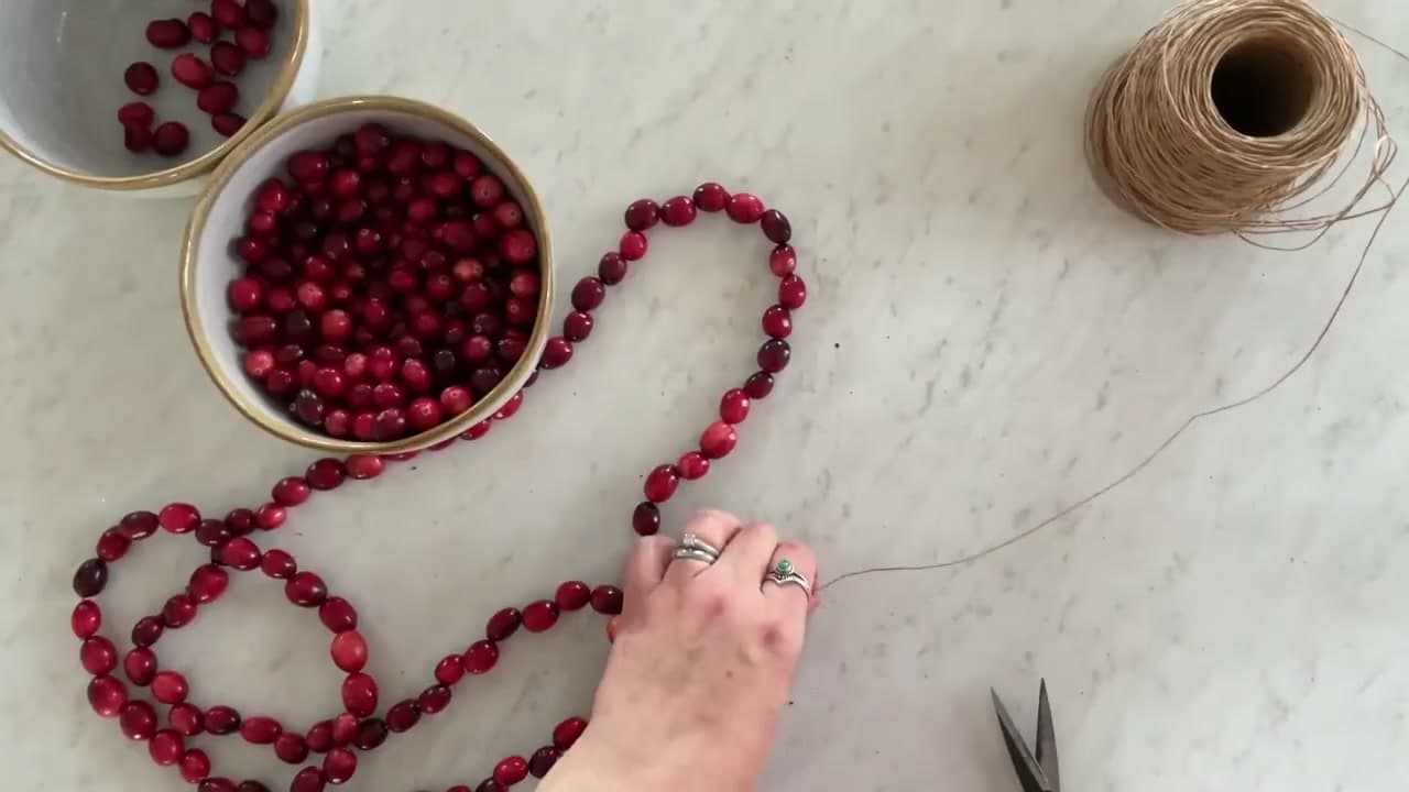 Step 4: Slide the Cranberries Down the Twine and Keep the Spool Attached - How to Make a Christmas Garland