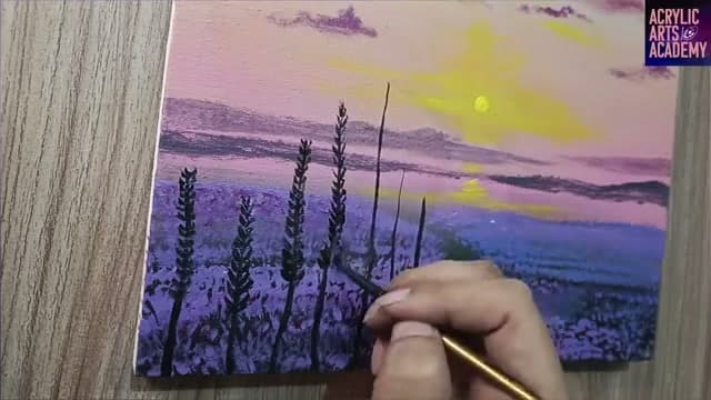 Step 6: Paint the Foreground Lavender Stems - How to Paint a Lavender Field with Acrylics