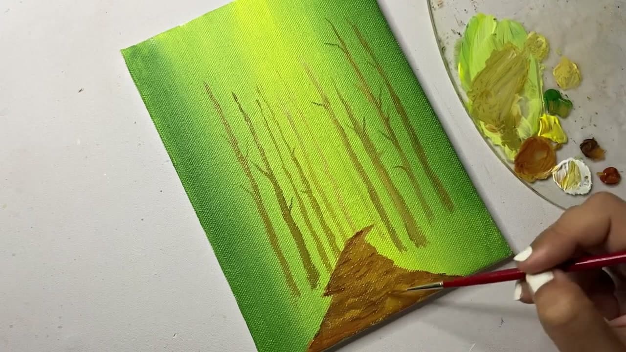 Step 4: Add Middle Trees and Start the Dirt Path - How to Paint a Forest with Acrylics (Beginner Step-by-Step)