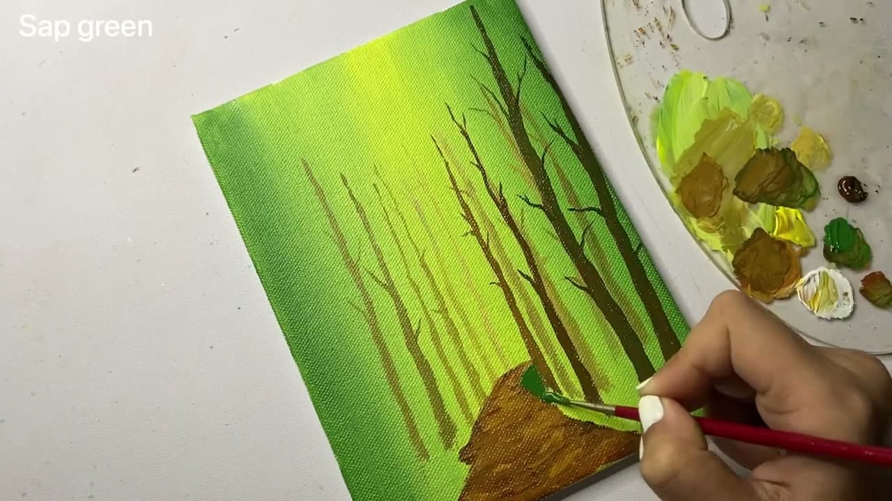 Step 5: Paint the Bold Foreground Trees - How to Paint a Forest with Acrylics (Beginner Step-by-Step)