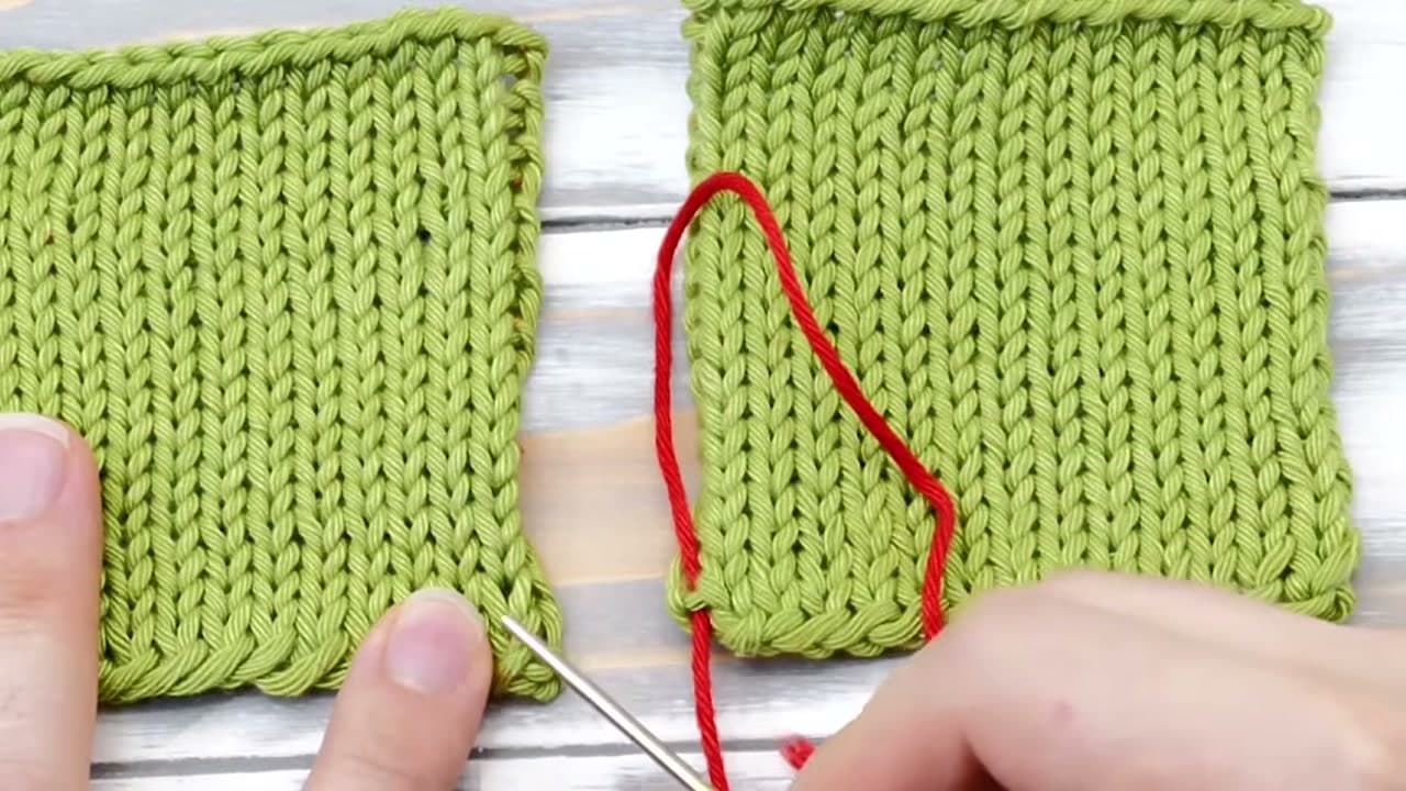 Step 5: Cross to the Other Piece and Pick Up the Matching Bar - How to Mattress Stitch Two Knitted Pieces Together