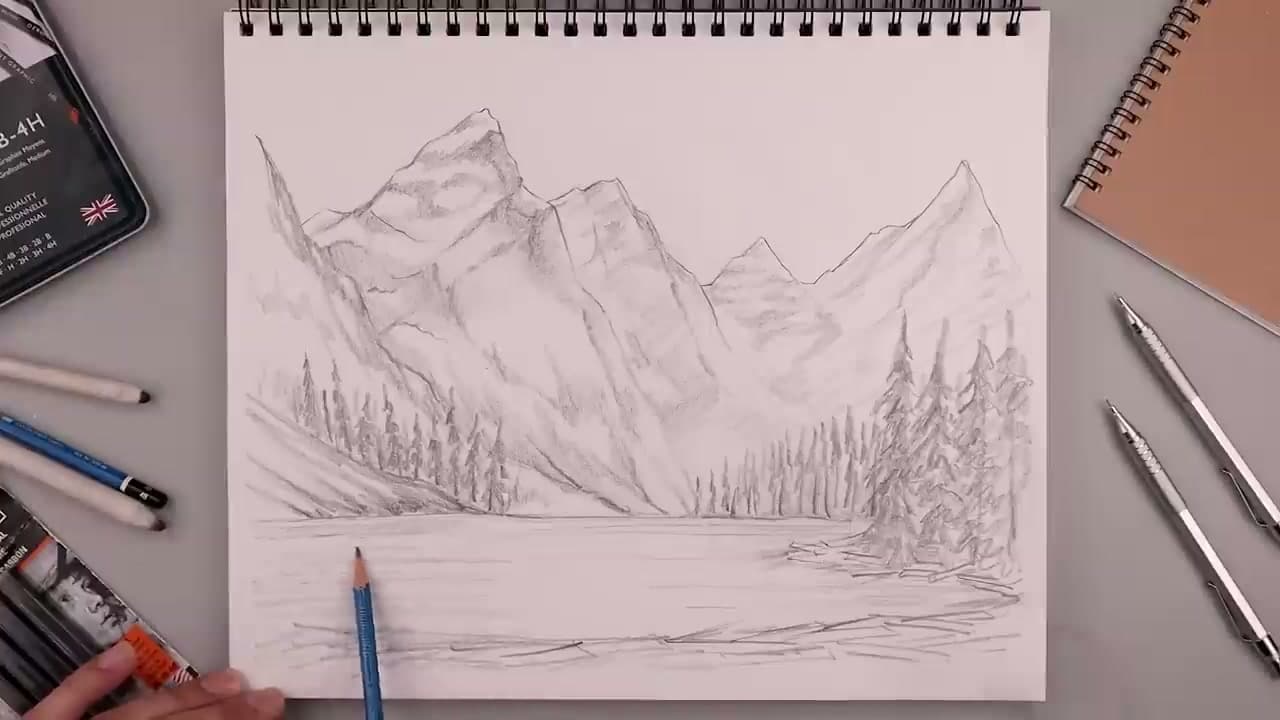 The finished result: How to Draw Mountains: Pencil Landscape Step by Step