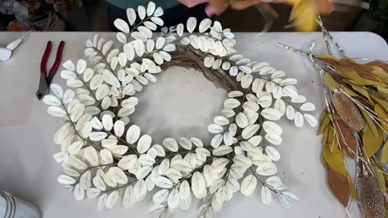 Step 6: Fan and Glue in the Fall Foliage - How to Make a Fall Wreath (Easy 10-Minute Grapevine Wreath)