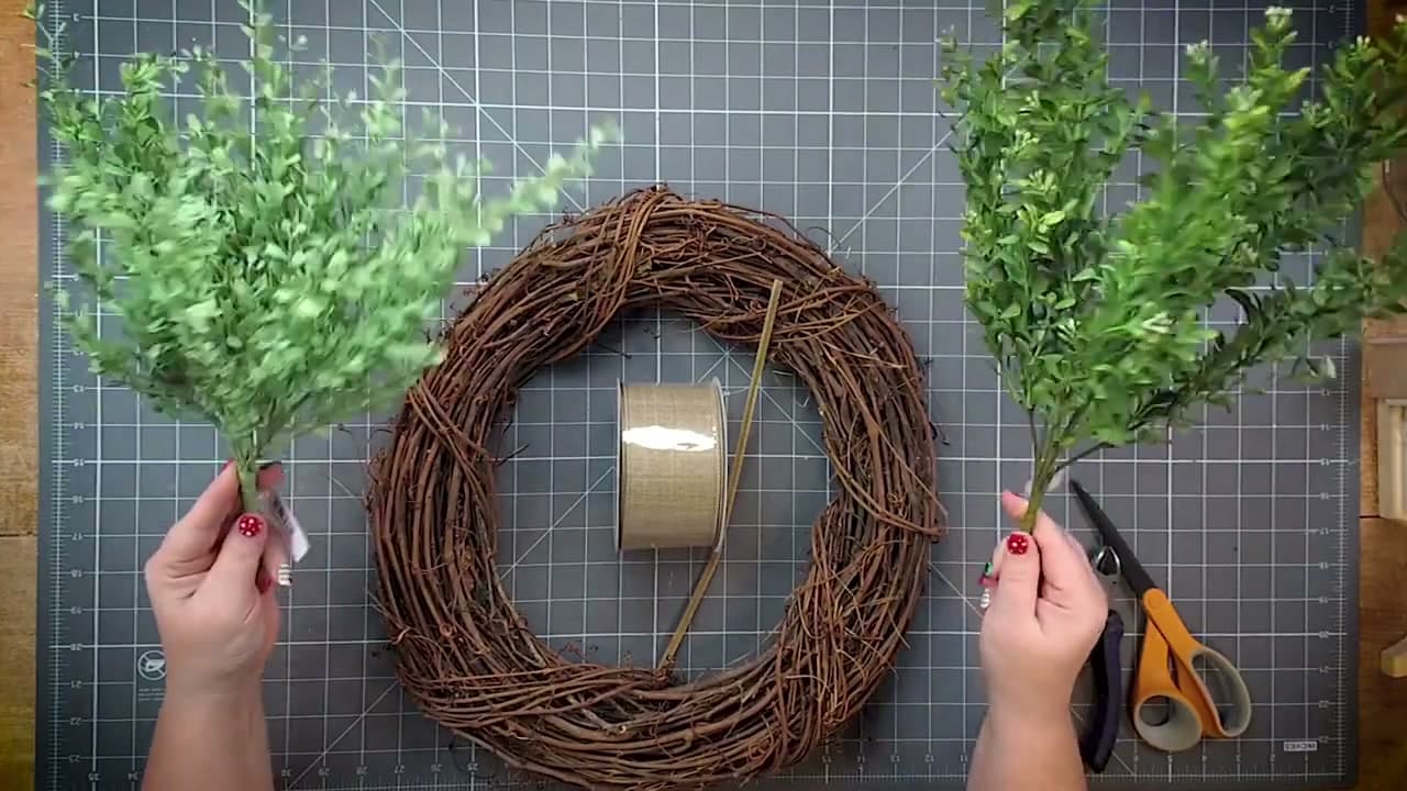 Step 1: Lay Out the Base, the Ribbon and the Greenery - How to Make a Wreath