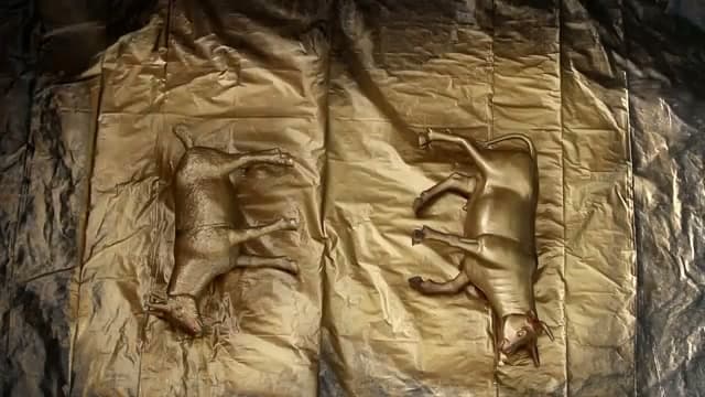 Step 1: Spray the Animal Figures Gold - How to Make Concrete Bookends with Gold Animals