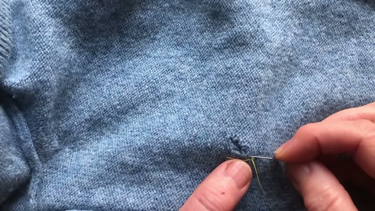 Step 4: Catch the Vertical Knit Loops Beside the Hole - How to Fix a Hole in a Sweater