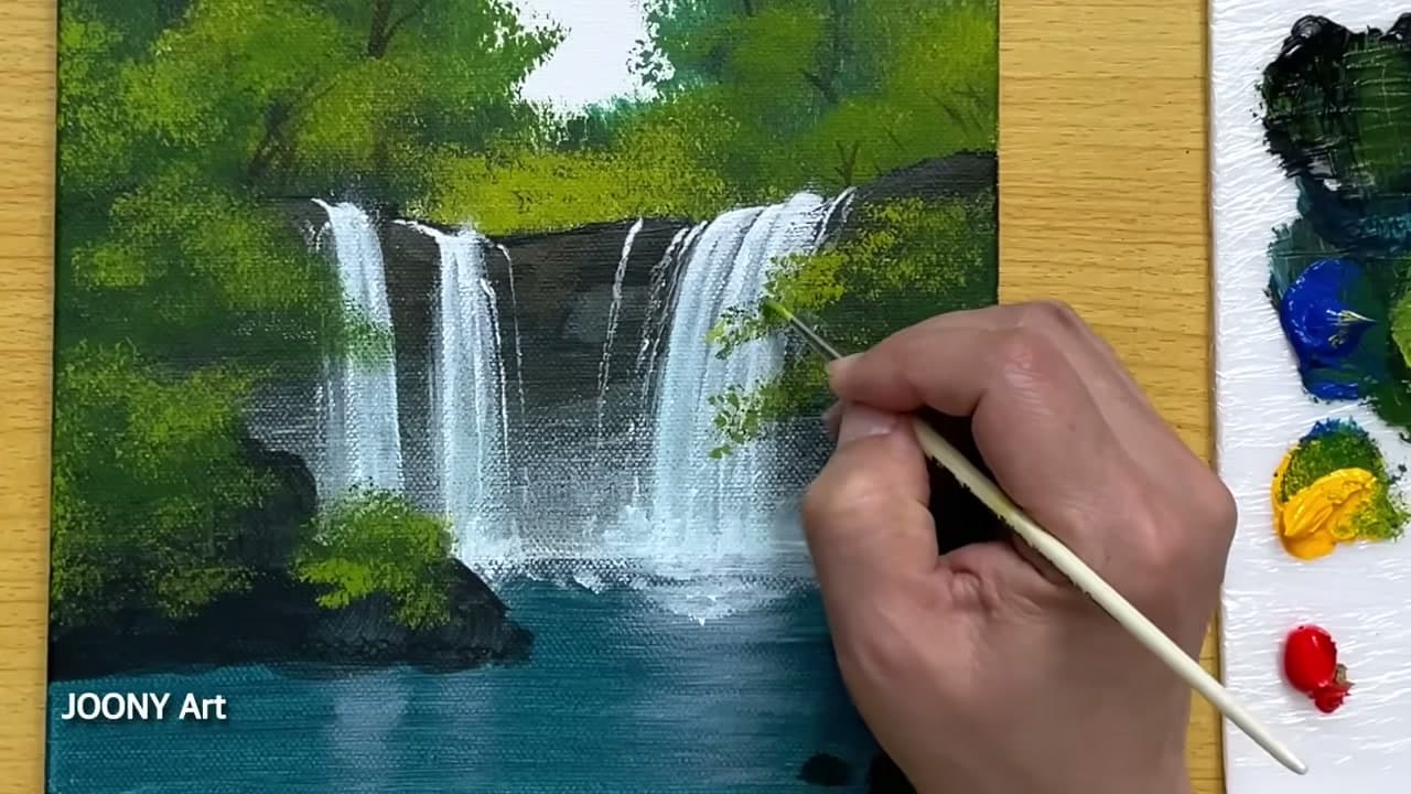 Step 5: Brighten the Water and Add Spray - How to Paint a Waterfall with Acrylics (Step by Step)