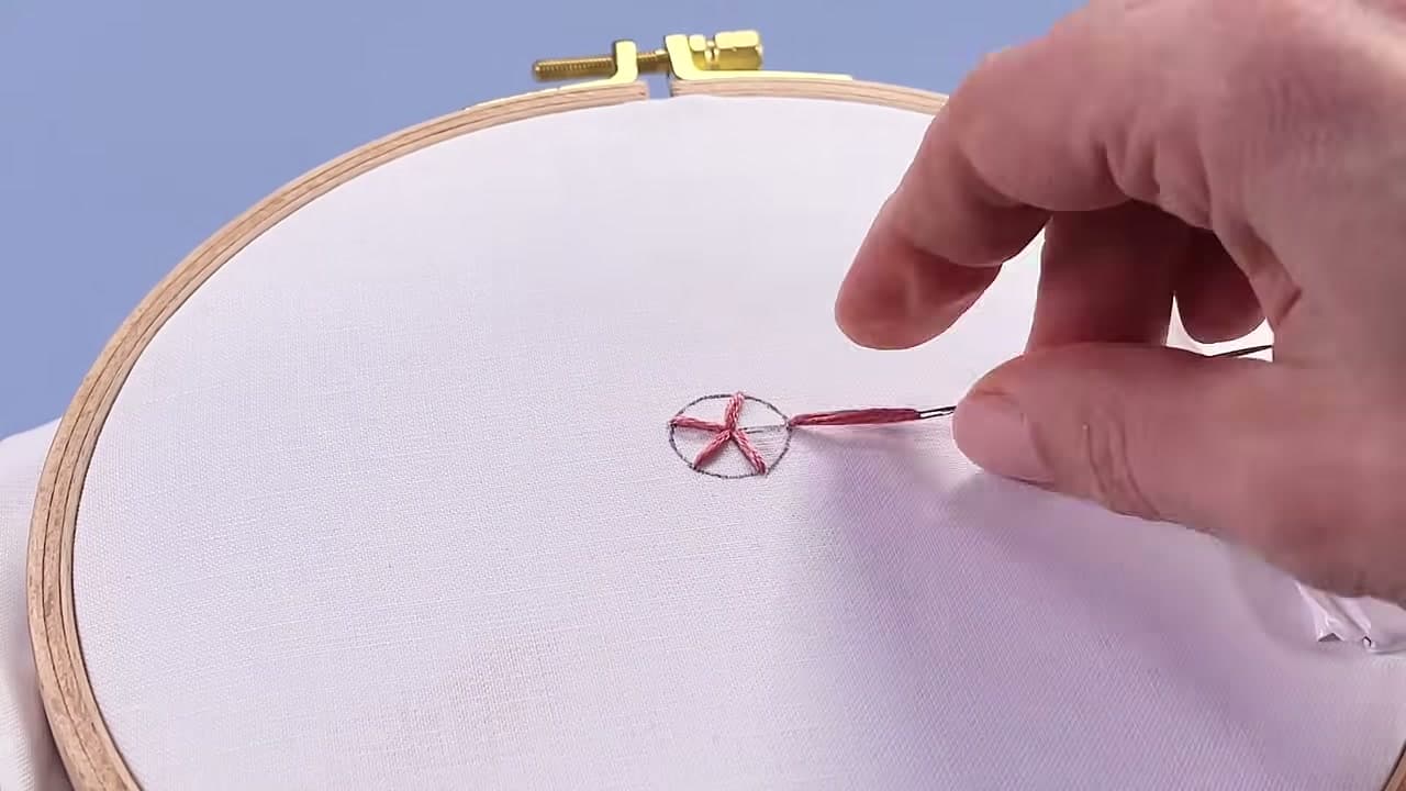 Step 2: Lay the Five Anchor Spokes - How to Embroider a Rose (Easy Woven Wheel Stitch)