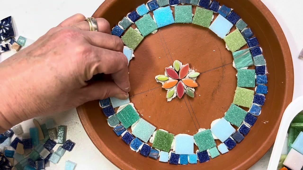 Step 6: Add a Ring of Larger Squares - How to Make a Mosaic Bird Bath