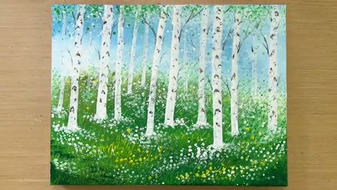 The finished result: How to Paint Birch Trees in Acrylics
