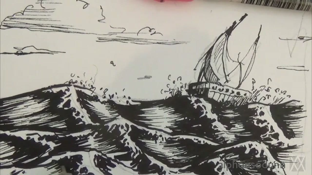 The finished result: How to Draw Water in Pen and Ink (8-Step Seascape Tutorial)