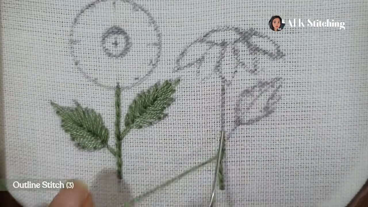 Step 2: Outline the Stems and Leaf Veins - How to Embroider a Sunflower (Hand Embroidery, Step by Step)