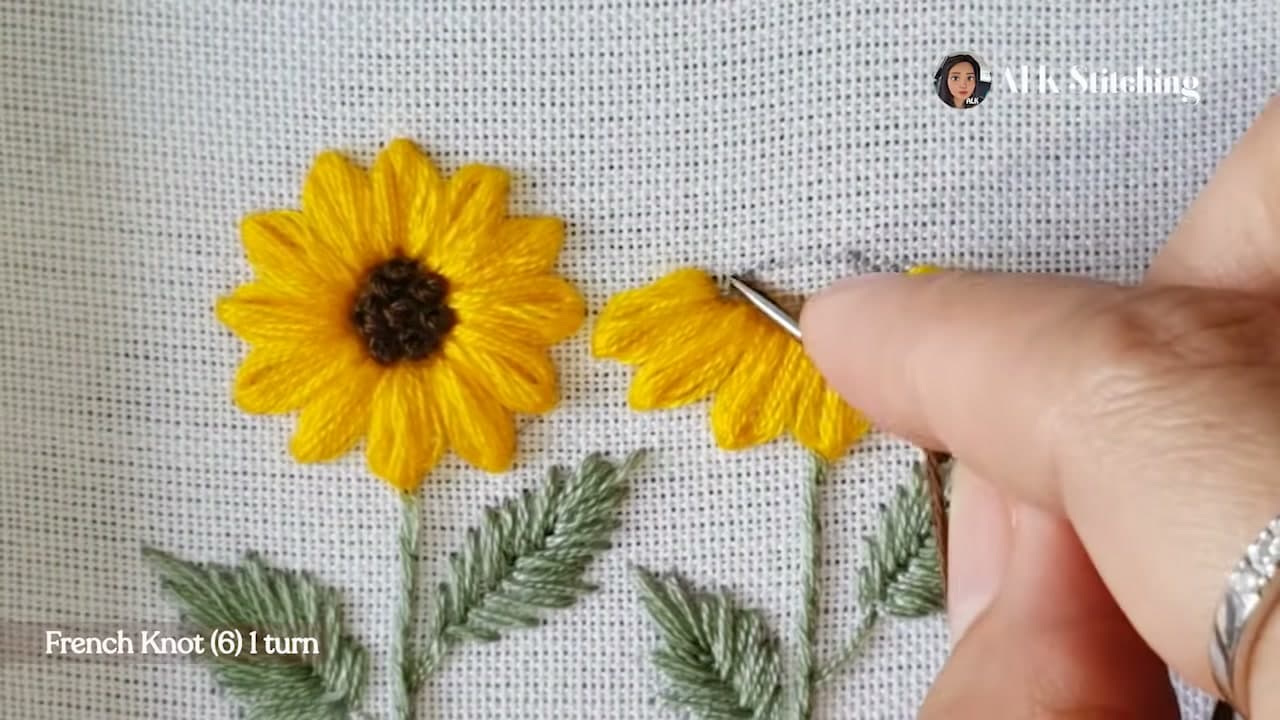 Step 5: Fill the Center with French Knots - How to Embroider a Sunflower (Hand Embroidery, Step by Step)