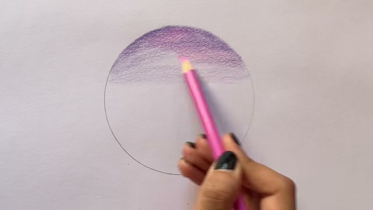 Step 3: Add Hot Pink Under the Violet Sunset Sky - How to Draw a Sunset With Colored Pencils