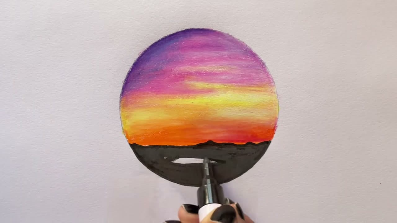 Step 9: Color the Ground Below the Sunset in Black Marker - How to Draw a Sunset With Colored Pencils
