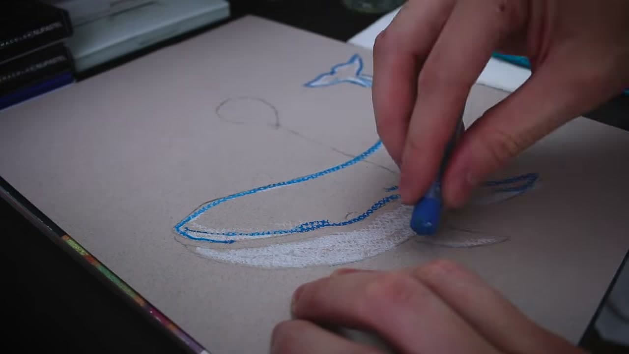 Step 8: Block In the Whale With Blue Oil Pastel - How to Use Oil Pastels