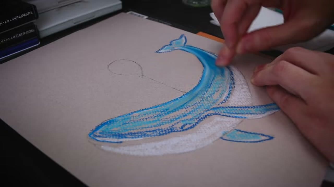 Step 9: Blend the Blue Oil Pastel Whale With Your Fingers - How to Use Oil Pastels